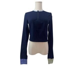 SWEATY BETTY Women Size S Navy Blue Power Half Zip Workout Top Crop Thumb Holes